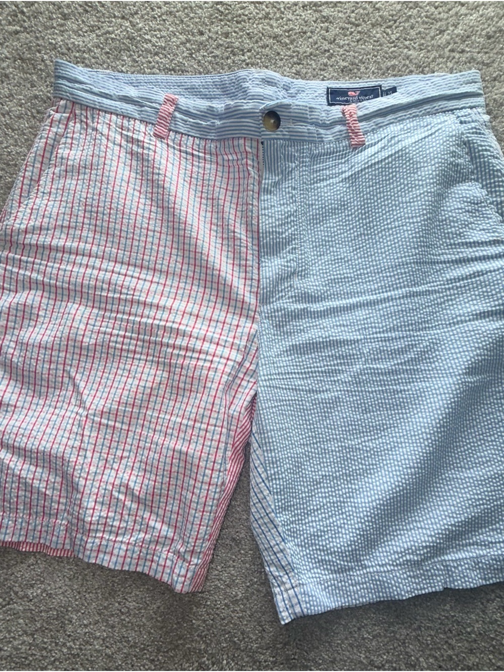 Vineyard Vines Blue and Red Seersucker Half-Striped Shorts